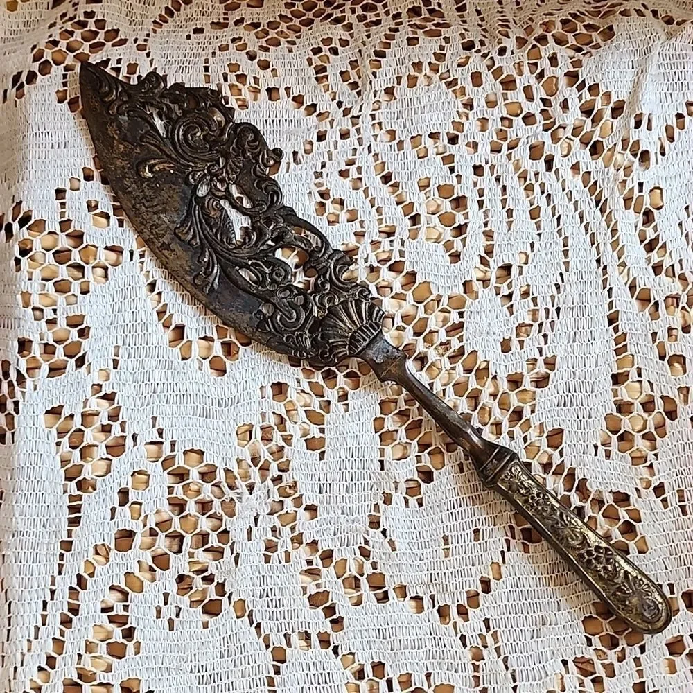 Vintage Ornate Weighted Brass Fish Serving Knife Ren Fest